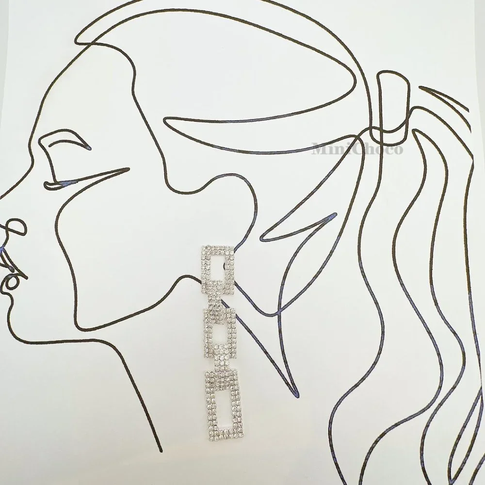 Gold Tone Rhinestone Rectangle Chain Link Earrings - Picture 10 of 10